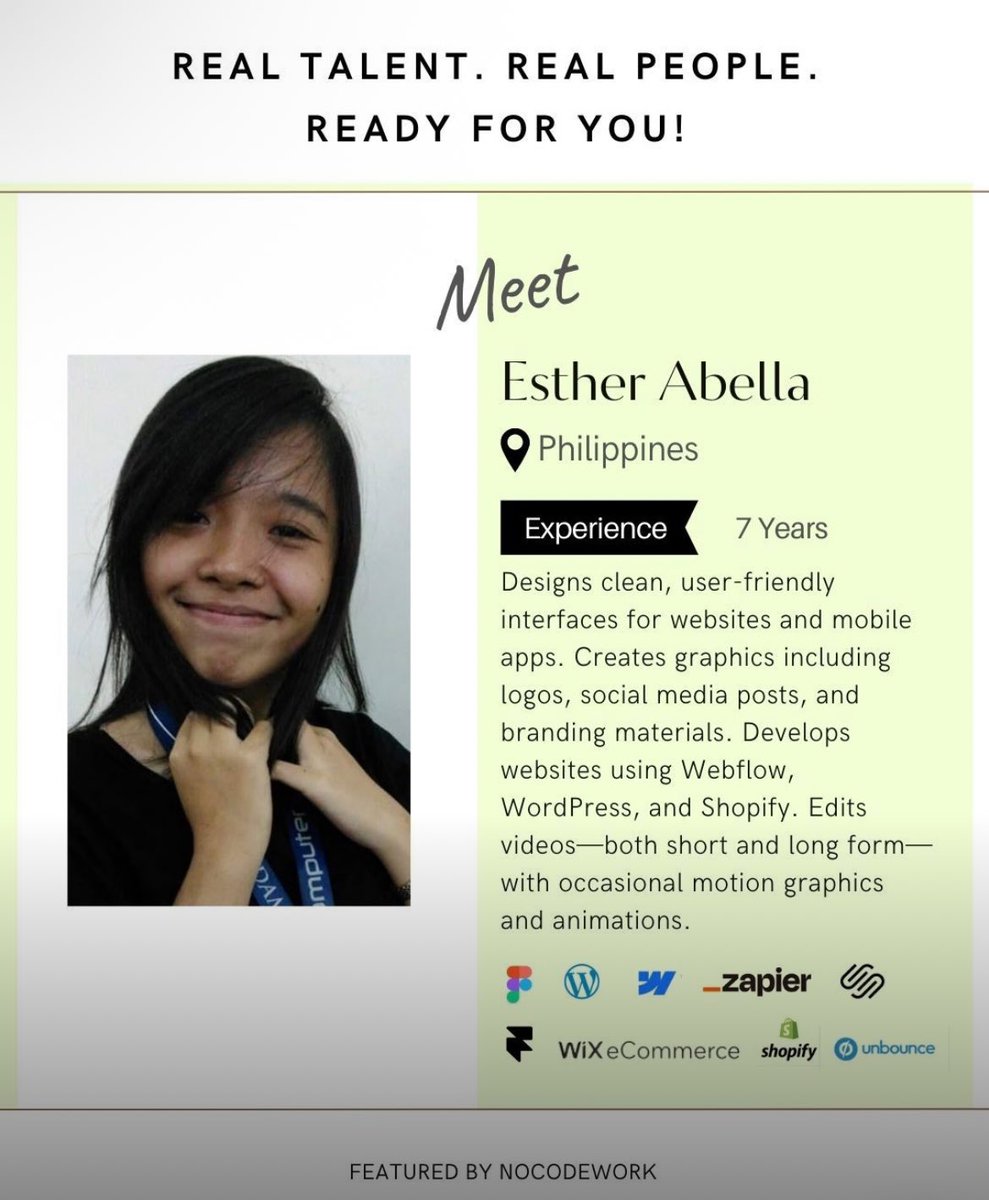 Nocode_work's tweet image. Meet Esther Abella – a creative powerhouse from the Philippines with 7 years of experience designing clean, user-friendly interfaces for websites and mobile apps.

Connect with Esther here: lnkd.in/gKSeCymR

#NoCodeTalent #UIUXDesign #Webflow #WordPress #Shopify