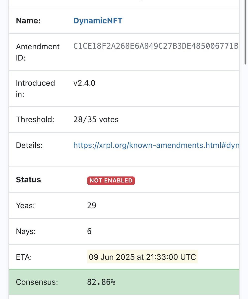 Vet_X0's tweet image. XLS-46 / DynamicNFT has 29 Yea votes and is therefore in the 2 week activation period!

DynamicNFT amendment allows NFTs on the XRPL to be mutable and keep a record on chain.

Think of use cases from gaming to lvl up NFTs representing characters, to supply chain tracking.