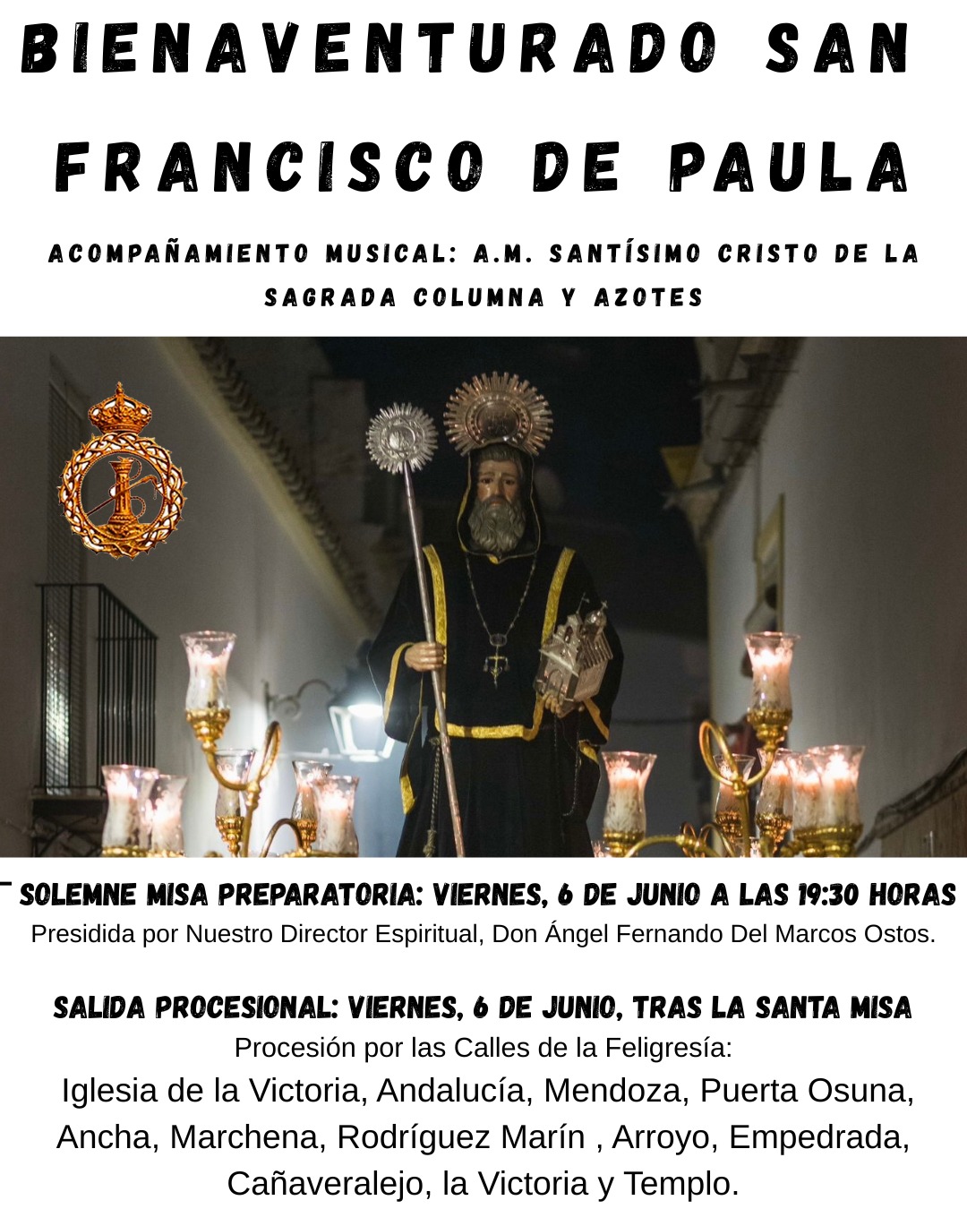 Horario e Itinerario Procesión de San Francisco de Paula. Écija 06 de Junio del 2025