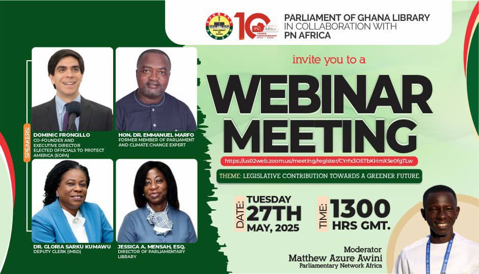 Make time with me today at 1:00PM GMT as the Parliament of Ghana library in collaboration with <a href="/PNAfricawatch/">Parliamentary Network Africa</a> discuss the theme: Legislative Contribution towards a Greener Future