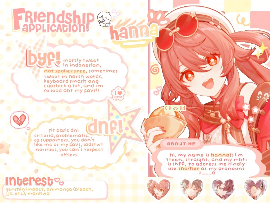 hi, this is hanna speaking!! i'm here to search for some new #genshintwt friends to light up my TL &gt;___0. kindly read this fcv, or you can read my carrd first hu-taous.carrd.co &amp; for the basic DNI you can read this dni-criteria.carrd.co. kindly do not follow first 💗