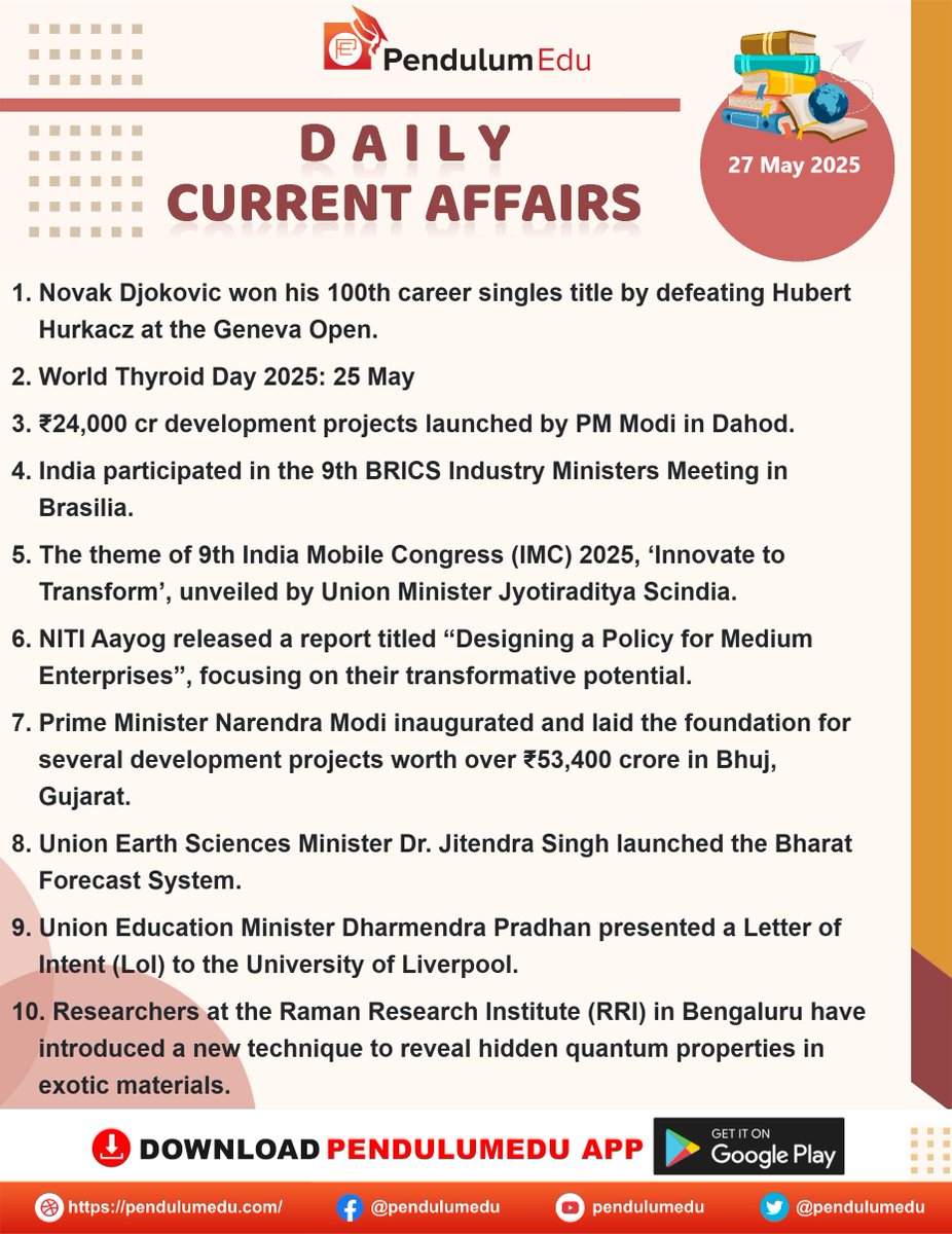 pendulumedu's tweet image. Read Daily Current Affairs of 27 May 2025 - pendulumedu.com/current-affair…
#27maycurrentaffairs #NovakDjokovic #Genevaopen #WorldThyroidDay #Dahod #9thBRICS #Brasilia #IndiaMobileCongress #NITIAayog #Bhuj #Bharatforecastsystem #Letterofintent #RRI #exoticmaterials #SSC