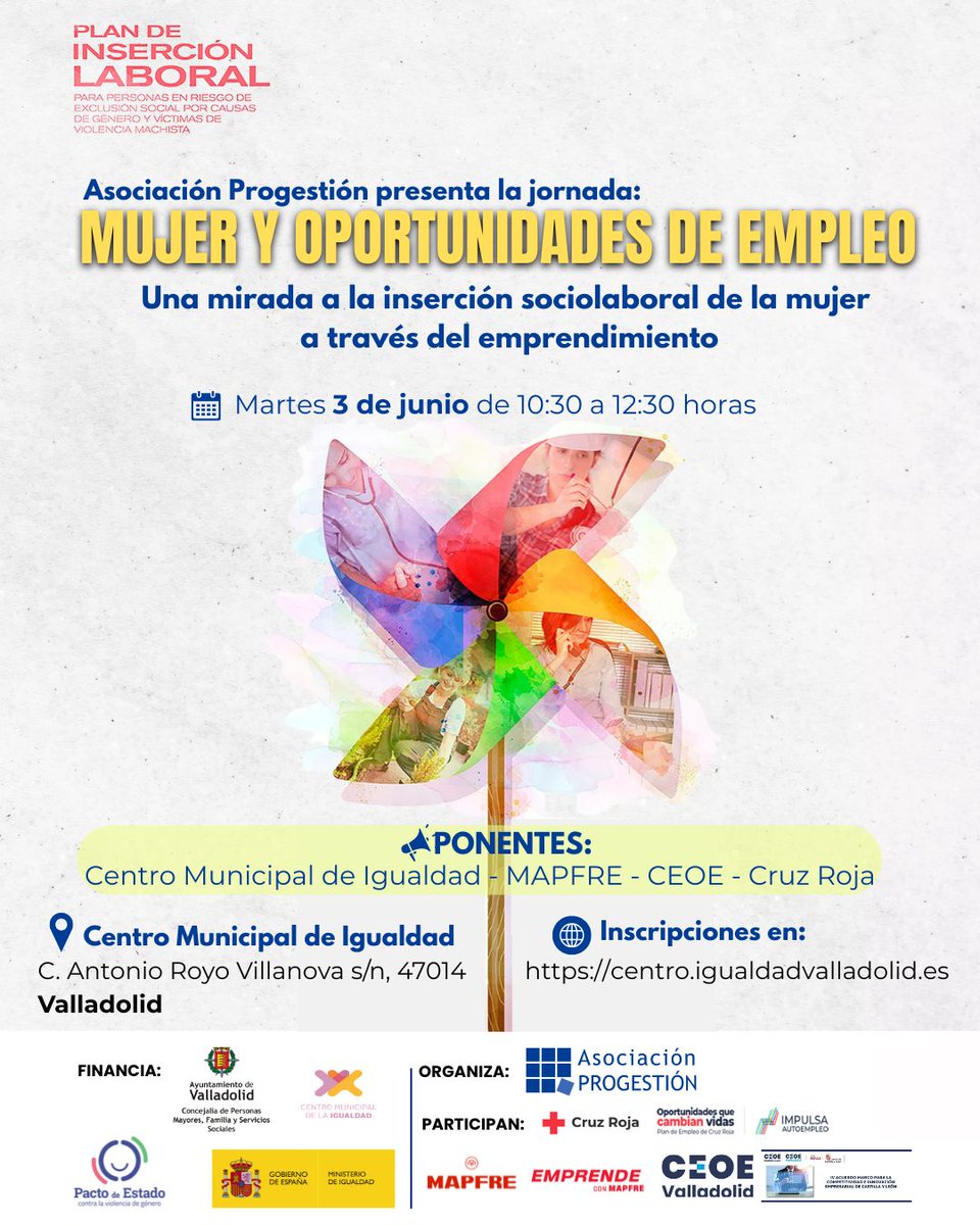 👉 Desde la Asociación Progestión organizamos la jornada "Mujer y oportunidades de empleo".

La jornada se realizará el próximo martes 3 de junio 
 en el Centro Municipal de Igualdad del <a href="/AyuntamientoVLL/">Ayto. de Valladolid</a>