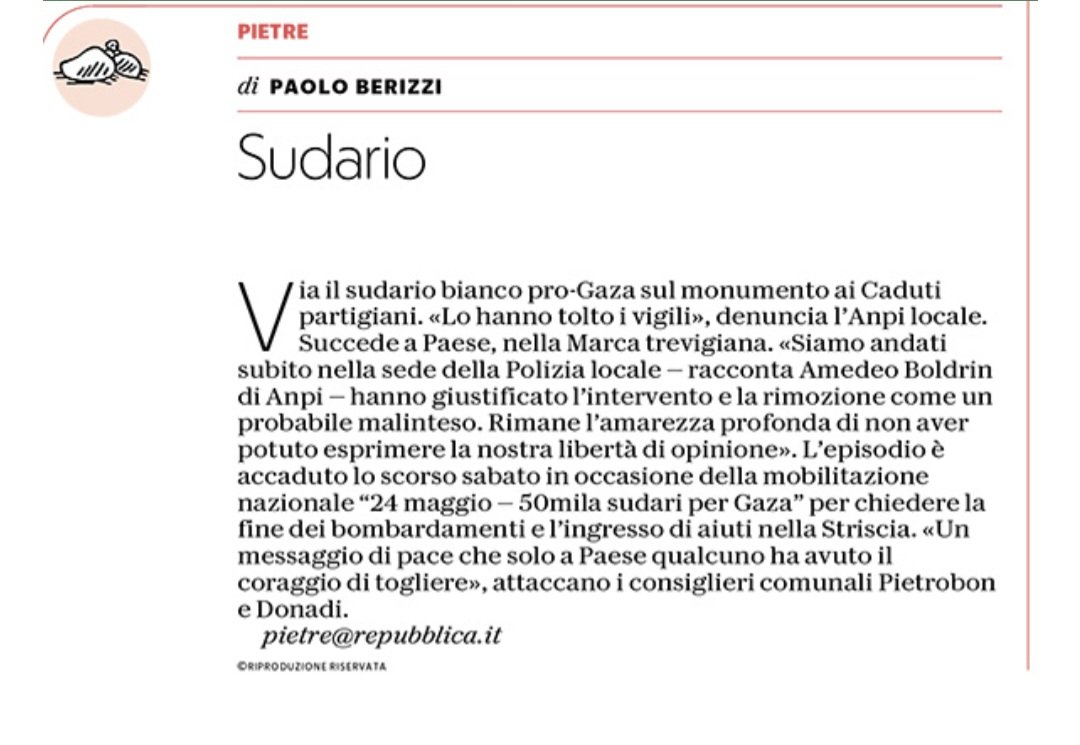 Paolo Berizzi (@pberizzi) on Twitter photo Il sudario bianco pro-Gaza rimosso dalla polizia locale. Paese, Treviso, Italia 2025. La vergogna.
#Pietre
<a href="/repubblica/">Repubblica</a> Il sudario bianco pro-Gaza rimosso dalla polizia locale. Paese, Treviso, Italia 2025. La vergogna.
#Pietre
<a href="/repubblica/">Repubblica</a>