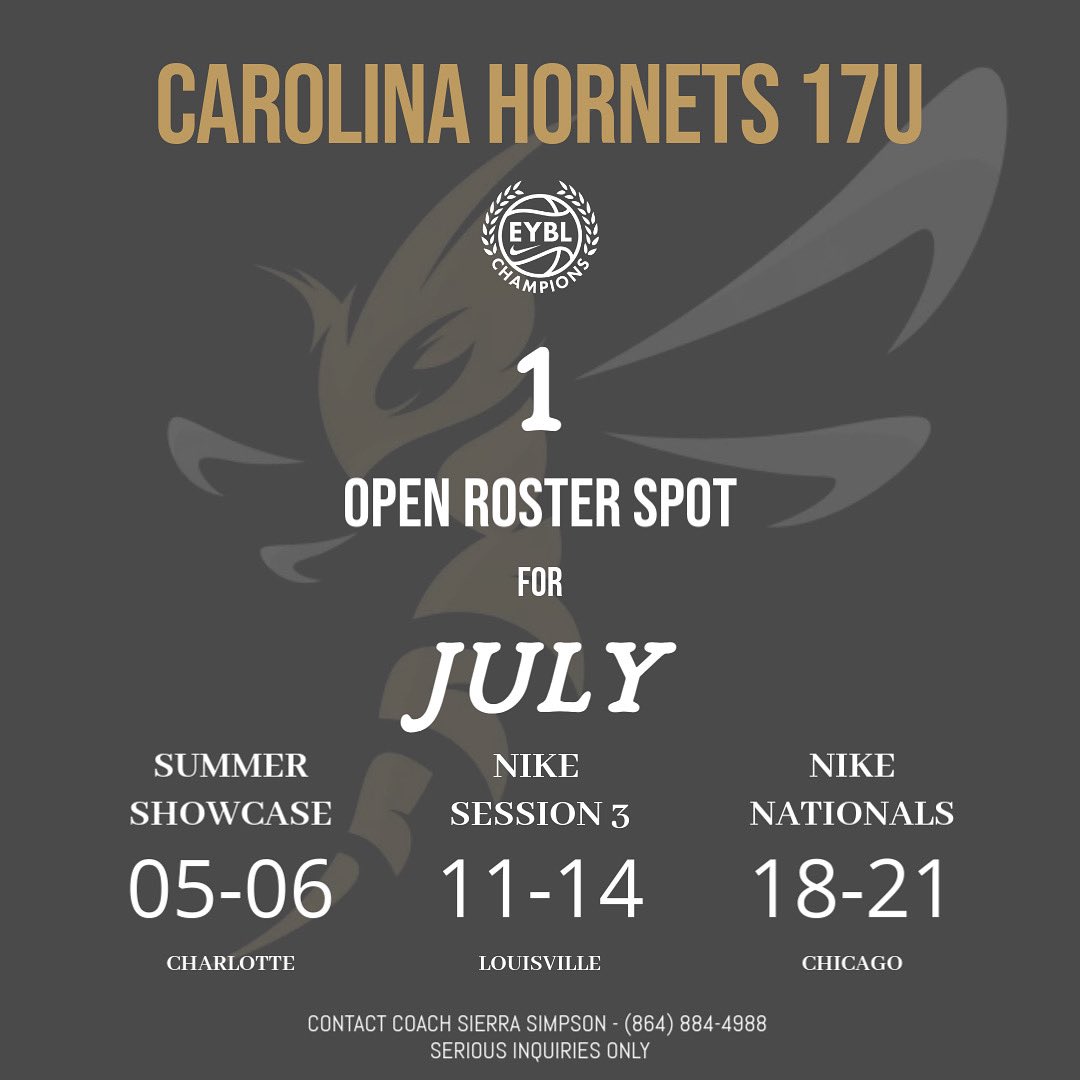 🚨 ROSTER SPOT AVAILABLE 🚨
Carolina Hornets 17U EYCL has 1 open roster spot for July 

📲 Contact Coach Sierra Simpson at (864) 884-4988
Serious inquiries only.