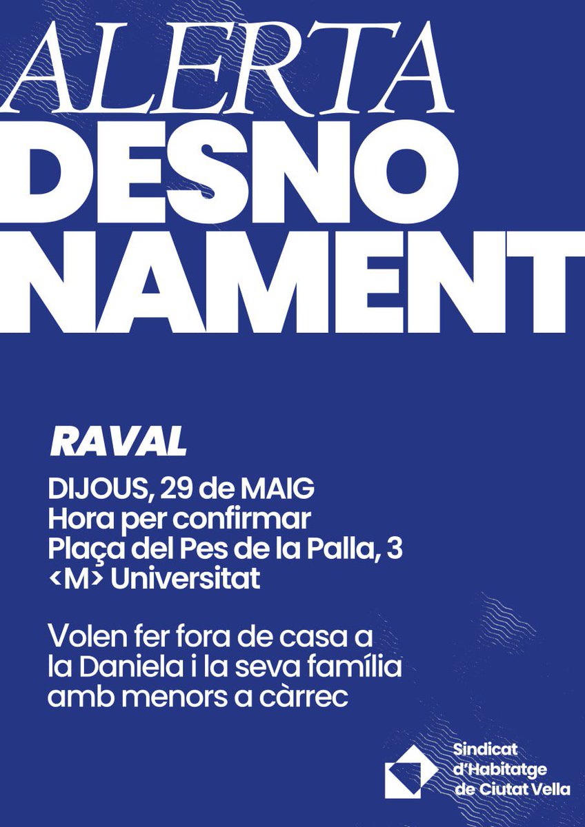 ⚠️ ALERTA DESNONAMENT aquest dijous al Raval

La propietat vol fer fora la Daniela i la seva família amb menors a càrrec després que fos estafada per un suposat gestor immobiliari.