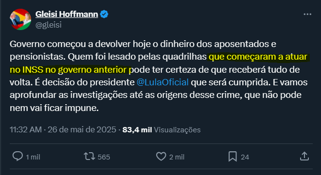 WeiseFranklin's tweet photo. Esta postagem da @gleisi, que à primeira vista é positiva, é BEM preocupante:

-fala apenas de quem começou a atuar no governo anterior
-nenhuma palavra sobre entidades que começaram a arrecadar no atual governo, como a MasterPrev
-nenhuma palavra sobre entidades antigas que tiveram aumento recente, como o Sindnapi-FS

O que eu vejo aí não é uma preocupação com os aposentados lesados em si, mas sim uma vontade de fazer colar um discurso que culpe o governo anterior - e, de quebra, deixar entidades poderosas como a MasterPrev e o Sindnapi impunes.