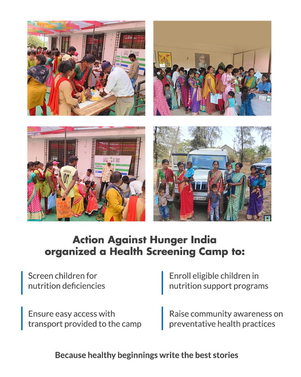 AAH_India's tweet photo. In Palghar, Maharashtra, Action Against Hunger India organized a health screening camp to identify nutrition deficiencies, enroll children in support programs, and raise awareness.
#ActionAgainstHunger #HealthForAll https://t.co/3gyqLBhexM