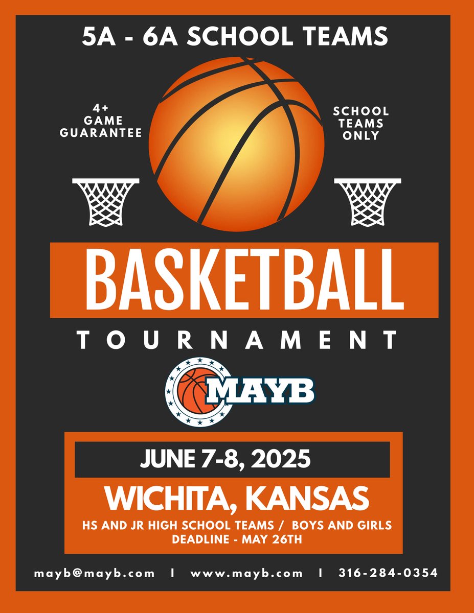 MAYB (@maybbasketball) on Twitter photo ⏰ LAST CHANCE!
Final spots are almost gone for our School Team Only Tournament — June 7-8 in Wichita, KS!
🏀 Divisions: 7th, 8th, JV, Varsity
📊 Matchups by class: 1A-2A, 3A-4A, 5A-6A
Register at mayb.com or give us a call at 316-284-0354! ⏰ LAST CHANCE!
Final spots are almost gone for our School Team Only Tournament — June 7-8 in Wichita, KS!
🏀 Divisions: 7th, 8th, JV, Varsity
📊 Matchups by class: 1A-2A, 3A-4A, 5A-6A
Register at mayb.com or give us a call at 316-284-0354!