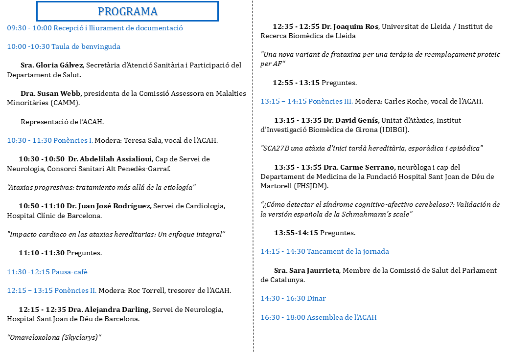 ACAH_ataxiaCat's tweet photo. ACTUALITZACIÓ DEL PROGRAMA I INSCRIPCIONS CONTINUEN OBERTES: 7a Jornada Científica d’Atàxies de Catalunya.
Socis 15 €, no socis 35 €.
Envieu un e-mail a info@acah.cat per tal de formalitzar la inscripció.
@hubsocialbcn https://t.co/noJ7dW1F7s