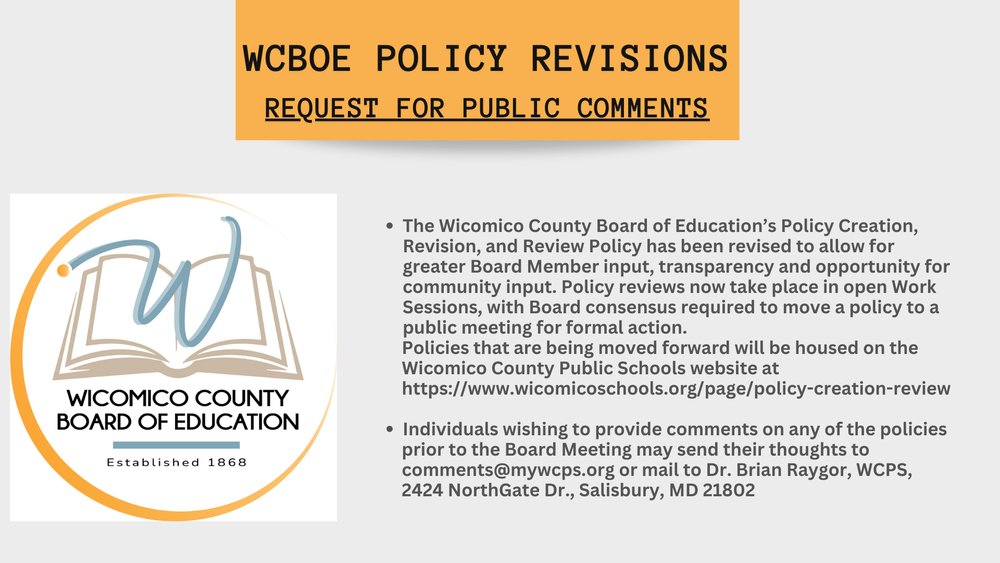 The Wicomico County Board of Education held a work session on May 27, 2025, including the review of policies being moved forward to the June 10 Board Meeting. Those policies are available for public review at this link:  wicomicoschools.org/page/policy-cr…
