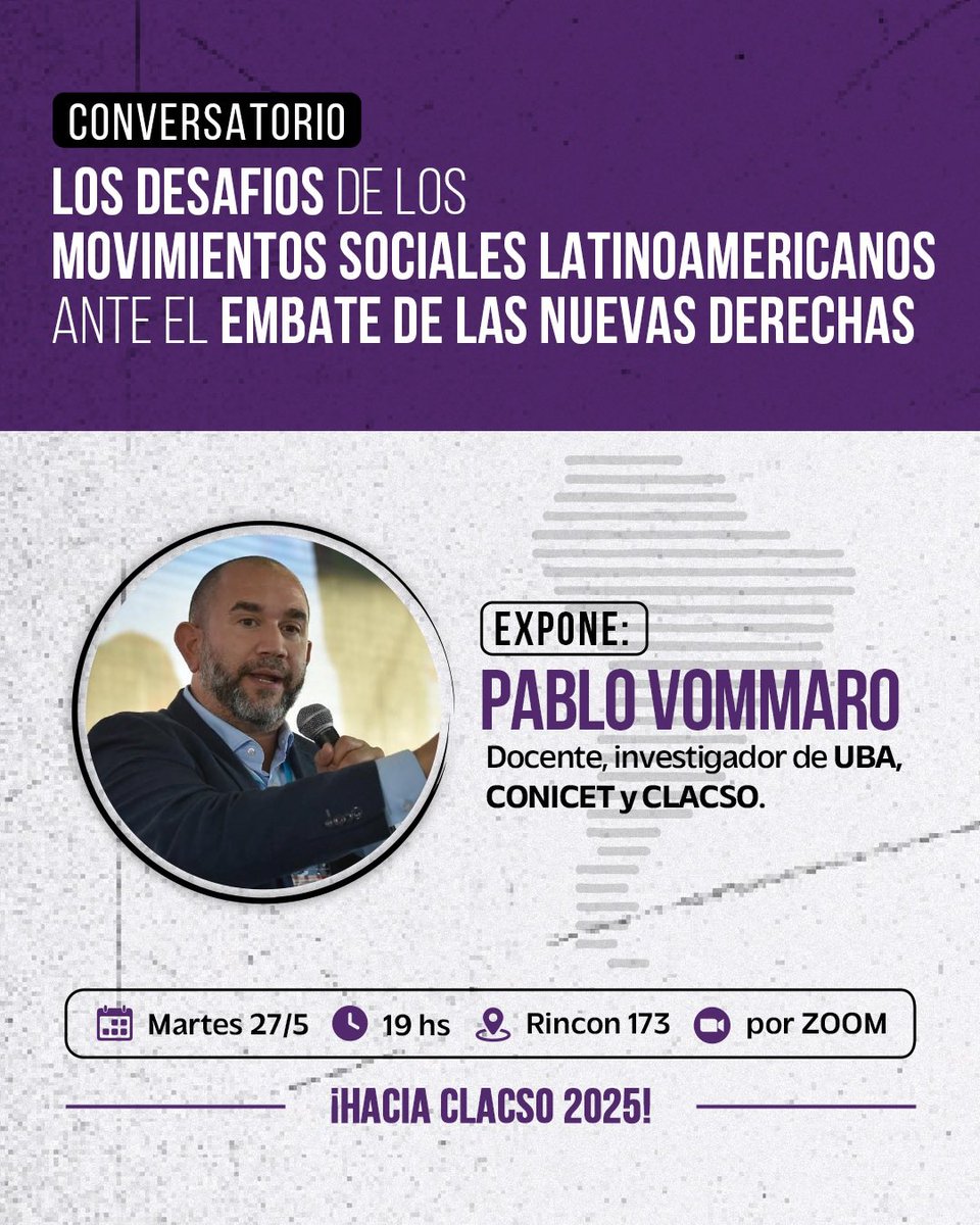 Hoy!

📢 Diálogos urgentes y necesarios!

Los movimientos sociales nos encontraremos con Pablo Vommaro para intercambiar miradas sobre nuestras perspectivas, poniendo en común experiencias.

📅 27/05 

🕒 19hs (Bra/Arg)

📍 Rincón 173 (CABA)

🔴 YouTube youtube.com/live/IrRE_Z0tX…