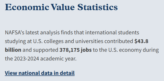 🚨Trump's decision to suspend student visa interviews threatens nearly $44 billion in economic contributions and over 370,000 jobs across the United States, according to <a href="/NAFSA/">NAFSA</a>.

If the United States stops taking foreign students, the economic impact would be catastrophic.