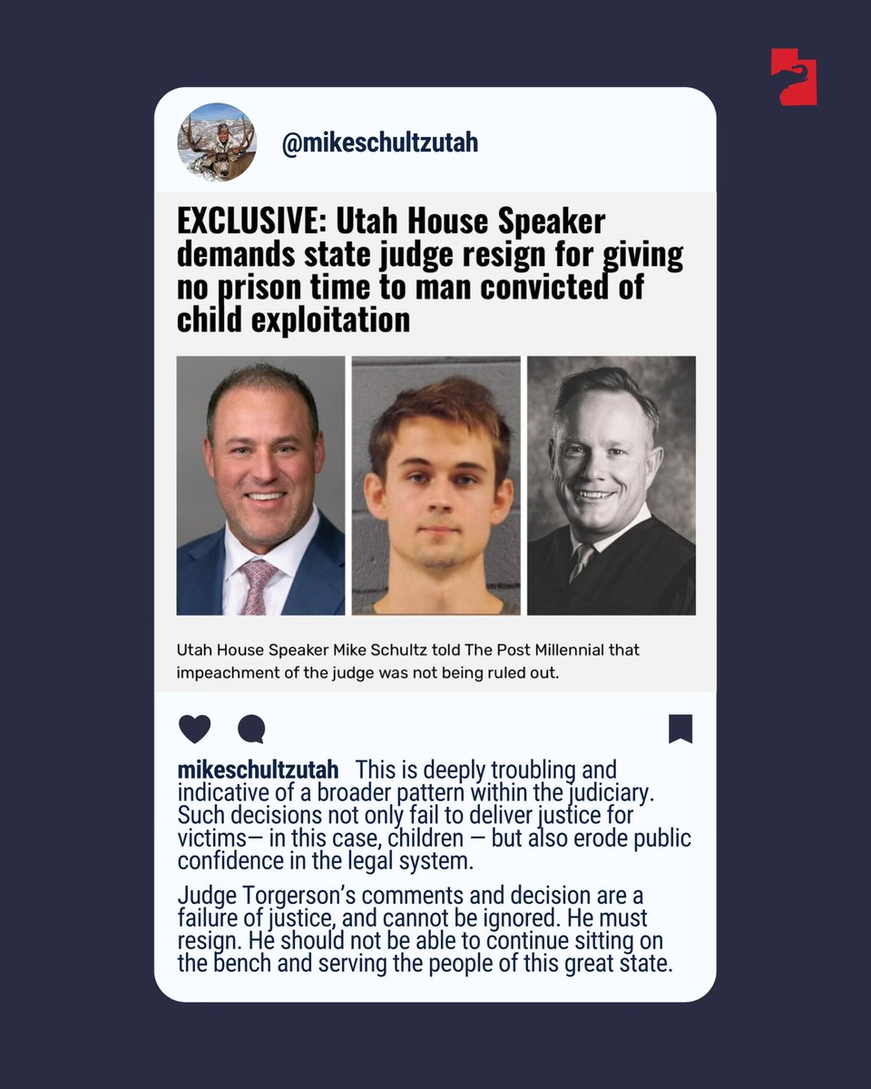 UtahGOP's tweet image. Speaker Schultz is exactly right. Justice must protect children, and that requires holding those who harm them fully accountable.
Judge Torgerson’s decision is a clear miscarriage of justice. He should resign.
#utgop #utpol