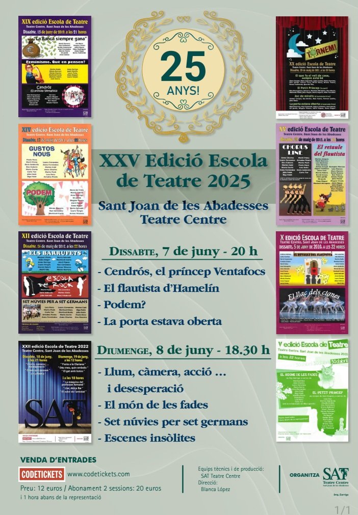 25 anys d'un projecte ambiciós. 25 anys formant futurs actors i actrius. Veniu a celebrar-ho amb les 2 funcions de final de curs,  el 7 i 8 de juny. Entrades: entradas.codetickets.com/entradas/satte…