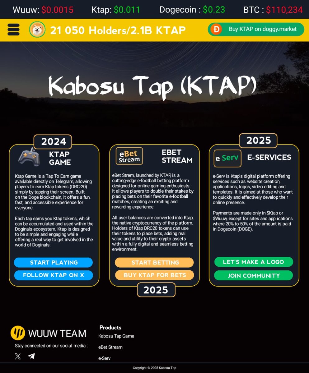 🧱 More detailed Kabosu Tap website will be online soon. 

🟨 Three products on the site:
- Game 
- eBet Stream 
- eServ 

Note : The result will be a little different. This is just a visual.

#Doginals #KabosuTap #Ktap #Drc20