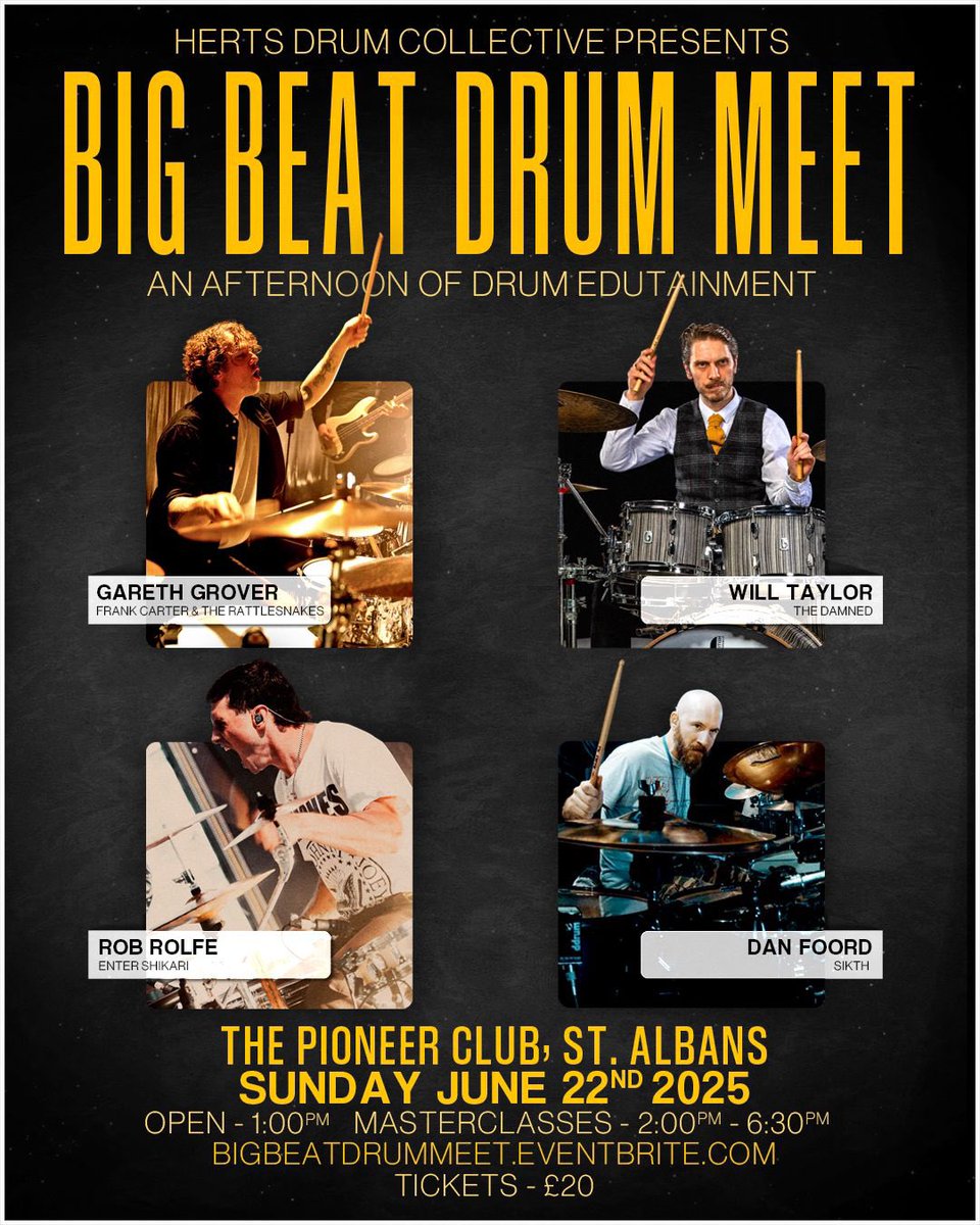 Our own <a href="/enterrob/">Rob Rolfe</a> &amp; friends present the ‘Big Beat Drum Meet’ drum clinic <a href="/thepioneerclub/">The Pioneer Club</a>, St. Albans on June 22nd.

An afternoon of masterclasses. Rob will be talking about his live performances with Enter Shikari, playing through some tracks, and taking questions.