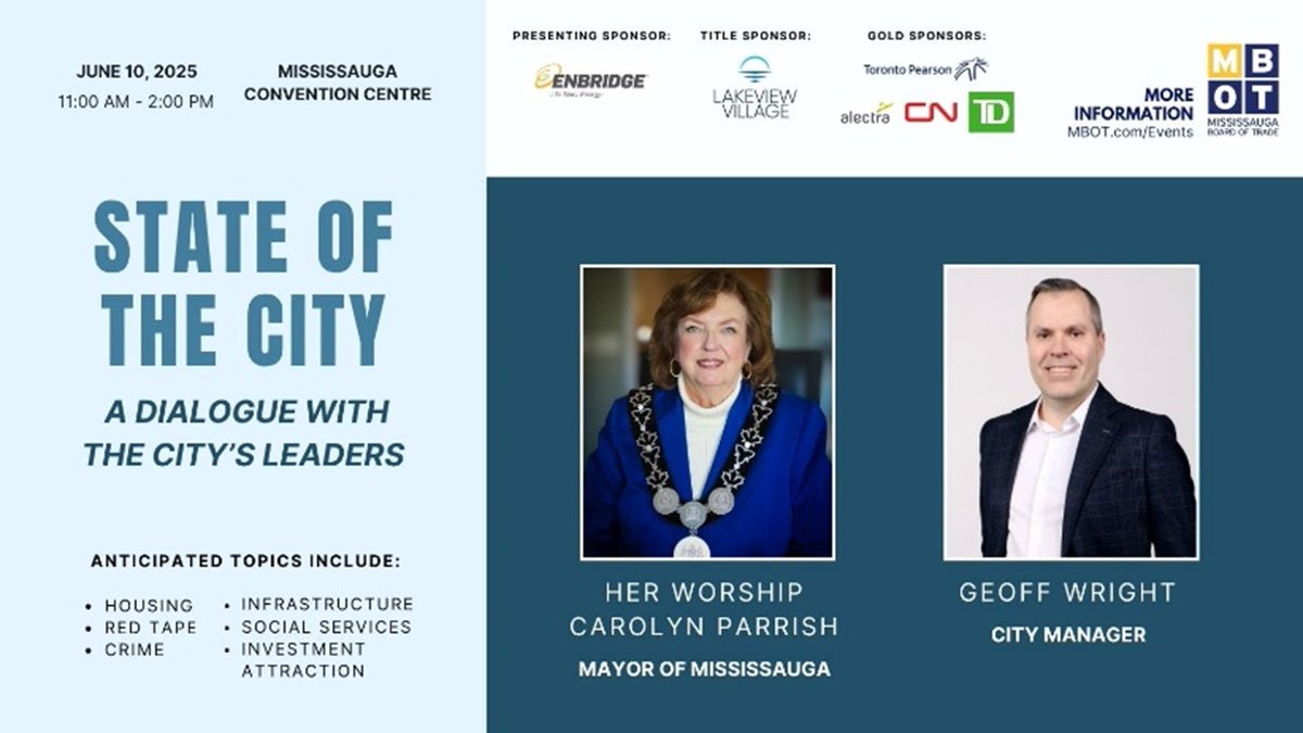 What’s next for Mississauga? Find out at State of the City with Mayor Parrish -June 10th. Hear about the city’s challenges, opportunities &amp; future directions. Network with local leaders &amp; the business community. Mississauga Convention Centre,  11 – 2 PM bit.ly/4jrYEtD