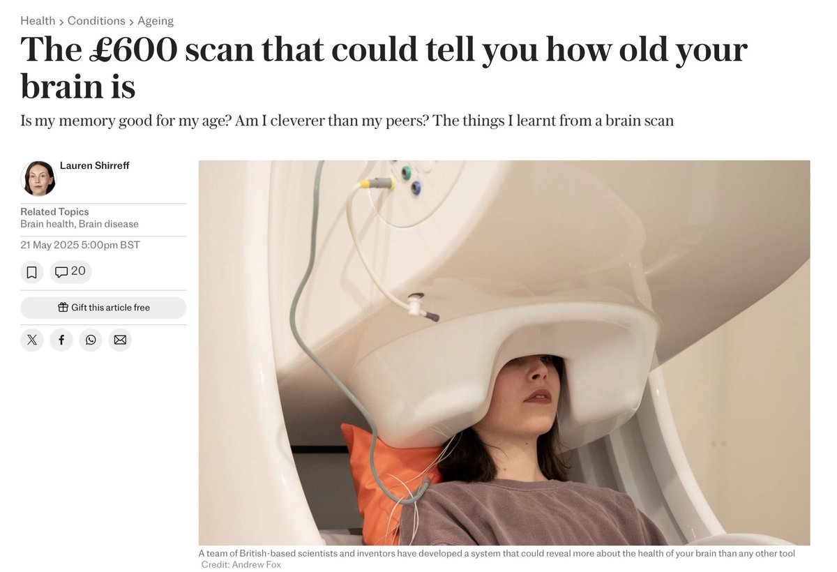 Great to see <a href="/MYndspan/">MYndspan</a>'s innovative £600 brain health scan assessment in <a href="/Telegraph/">The Telegraph</a>. Combining cognitive tests &amp; MEG scans to estimate the brain's functional age and overall cognitive health.🧠Great for anyone curious about brain health &amp; longevity. bit.ly/43P9R2M