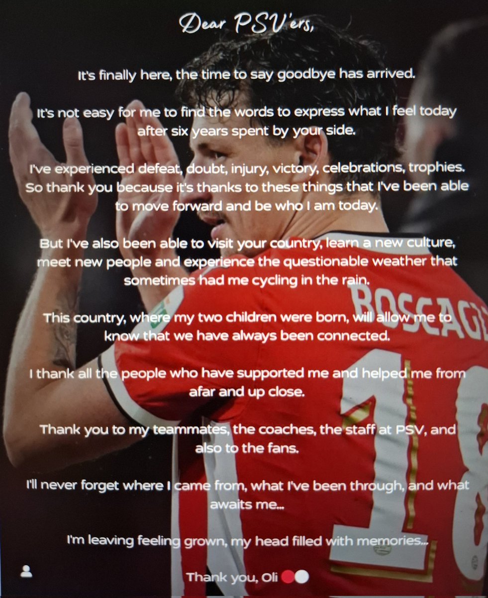Olivier Boscagli bedankt op Instagram de PSV-aanhang, na 6 jaar in Eindhoven.