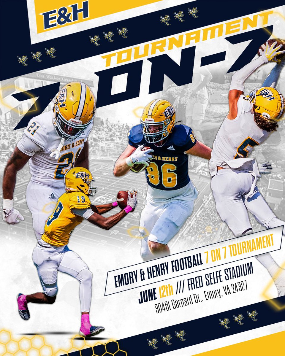 E&H Football (@emoryhenry_fb) on Twitter photo ๐จ๐&๐ ๐ณ-๐ผ๐ป-๐ณ ๐ง๐ผ๐๐ฟ๐ป๐ฎ๐บ๐ฒ๐ป๐๐จ
Only a few spots leftโ๏ธIf interested, please contact <a href="/CoachEasley__/">Tyler Easley</a>โผ๏ธ๐ฒ
๐
: June 12th
๐๏ธ: Fred Selfe Stadium
#GoWasps
#BlueCollarGoldStandard ๐จ๐&๐ ๐ณ-๐ผ๐ป-๐ณ ๐ง๐ผ๐๐ฟ๐ป๐ฎ๐บ๐ฒ๐ป๐๐จ
Only a few spots leftโ๏ธIf interested, please contact <a href="/CoachEasley__/">Tyler Easley</a>โผ๏ธ๐ฒ
๐
: June 12th
๐๏ธ: Fred Selfe Stadium
#GoWasps
#BlueCollarGoldStandard