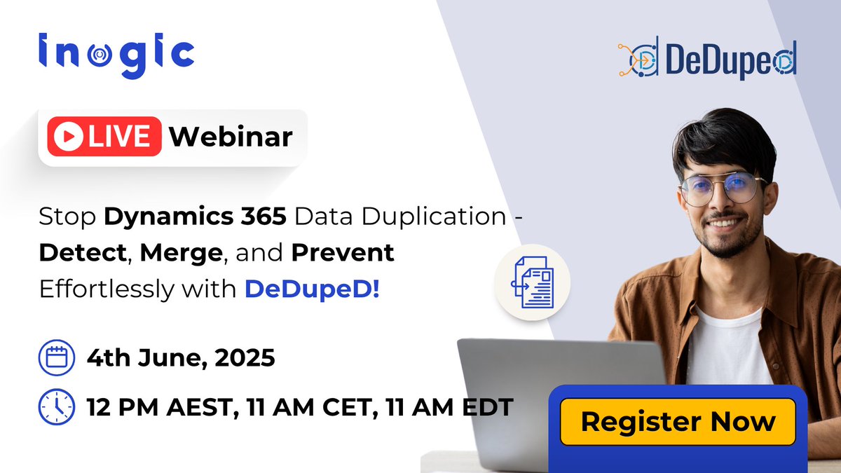 inogic's tweet image. Is duplicate data slowing down your CRM? Fix it fast with DeDupeD by Inogic!
🧠 Phonetic Matching
🔄 Auto-Merge
📅 Scheduled Scans

Join our expert-led #webinar on June 4 and boost your data hygiene!
🎯 Register now: bit.ly/3CmA5Ps  

#DataDuplication #DeDuplication