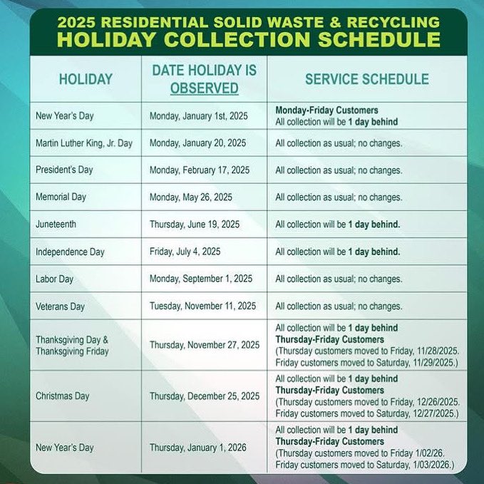 🚛 Don’t let the holidays trash your plans! Here's a friendly reminder of the 2025 WM Solid Waste &amp; Recycling holiday collection schedule for the City of #ForestPark. 🗓️♻️

Learn more at: forestparkga.gov/publicworks/pa…