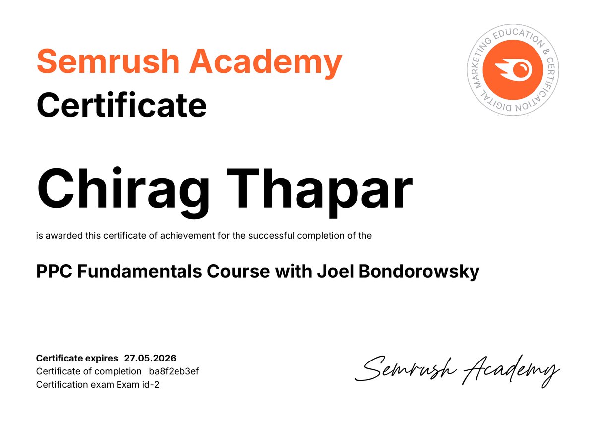 🎉Excited to share that I’ve successfully completed my certification with <a href="/Semrush/">Semrush</a> Academy! 
This journey has been incredibly insightful, enhancing my marketing skills.
 
Many Thanks to <a href="/liquidjoel/">Joel Bondorowsky</a> 

#SemrushCertified #SemrushAcademy #DigitalMarketing #SearchEngineOptimization