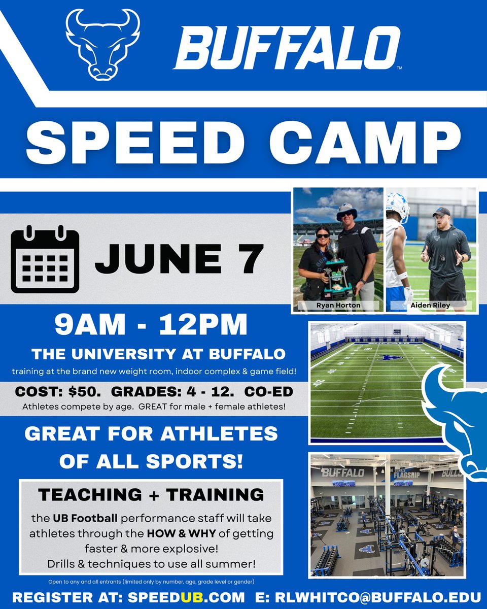 Ron Whitcomb (@ronwhitcomb) on Twitter photo 𦬠the Buffalo πππππΏ Camp π¨
πͺπ½ Taught by the UB Football Strength & Conditioning staff! π€π½
π¨ for πΌππ athletes, co-ed, grades: 4-12
π Great for πΌππ sports! β½οΈπβΎοΈ
Great itinerary that teaches & trains!
Register: SPEEDUB.com π¨
β‘οΈ <a href="/CoachRyanHorton/">Ryan Horton</a> 𦬠the Buffalo πππππΏ Camp π¨
πͺπ½ Taught by the UB Football Strength & Conditioning staff! π€π½
π¨ for πΌππ athletes, co-ed, grades: 4-12
π Great for πΌππ sports! β½οΈπβΎοΈ
Great itinerary that teaches & trains!
Register: SPEEDUB.com π¨
β‘οΈ <a href="/CoachRyanHorton/">Ryan Horton</a>