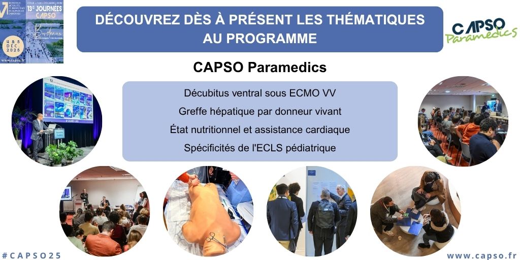🆕 Découvrez dès maintenant les thématiques du programme paramédical de #CAPSO25 !
🗓️4-5 décembre 2025
📍 Bordeaux, Centre des Congrès de la Cité Mondiale

#décubitusventral #ECMOVV #greffehépatique #donneurvivant #assistancecardiaque #ECLS #ECLSpédiatrique