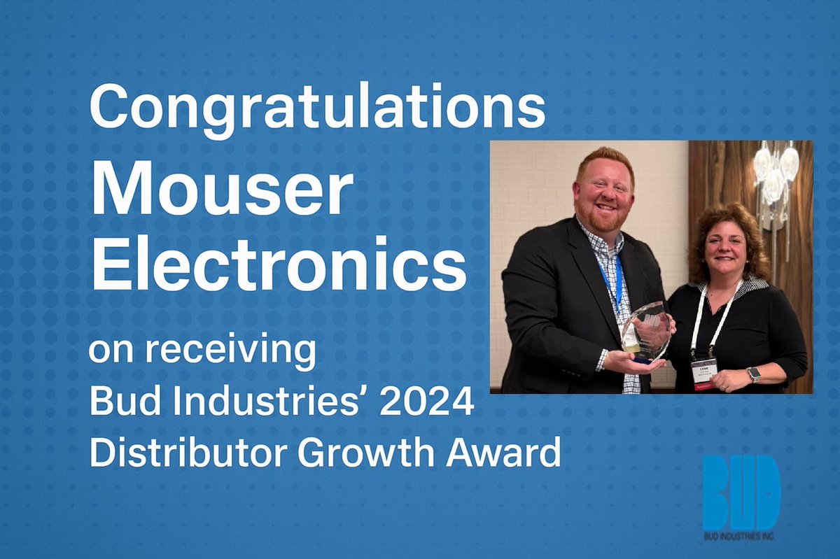 We’re pleased to announce that <a href="/MouserElec/">Mouser Electronics</a> has been recognized with the 2024 Distributor Sales Growth Award for 2024 from Bud Industries while at the EDS in Las Vegas last week. lnkd.in/eJnHZg4c