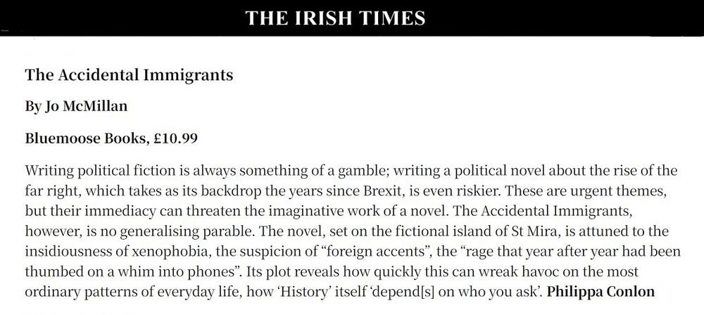 Bluemoose Books (@ofmooseandmen) on Twitter photo Many thanks to <a href="/MartinDoyleIT/">Martin Doyle</a> <a href="/IrishTimes/">The Irish Times</a>
Review of:
The Accidental Immigrants <a href="/JoMcMillan/">Jo McMillan</a>
Finalist in <a href="/TheOrwellPrize/">The Orwell Prize</a>
<a href="/chaptersbooks/">Chapters Bookstore Dublin</a>
<a href="/WoodbineBooks/">WoodbineBooksIreland</a>
<a href="/Hodges_Figgis/">Hodges Figgis</a>
<a href="/DubrayBooks/">Dubray</a>
<a href="/WaterstonesCole/">Waterstones Coleraine</a> Many thanks to <a href="/MartinDoyleIT/">Martin Doyle</a> <a href="/IrishTimes/">The Irish Times</a>
Review of:
The Accidental Immigrants <a href="/JoMcMillan/">Jo McMillan</a>
Finalist in <a href="/TheOrwellPrize/">The Orwell Prize</a>
<a href="/chaptersbooks/">Chapters Bookstore Dublin</a>
<a href="/WoodbineBooks/">WoodbineBooksIreland</a>
<a href="/Hodges_Figgis/">Hodges Figgis</a>
<a href="/DubrayBooks/">Dubray</a>
<a href="/WaterstonesCole/">Waterstones Coleraine</a>