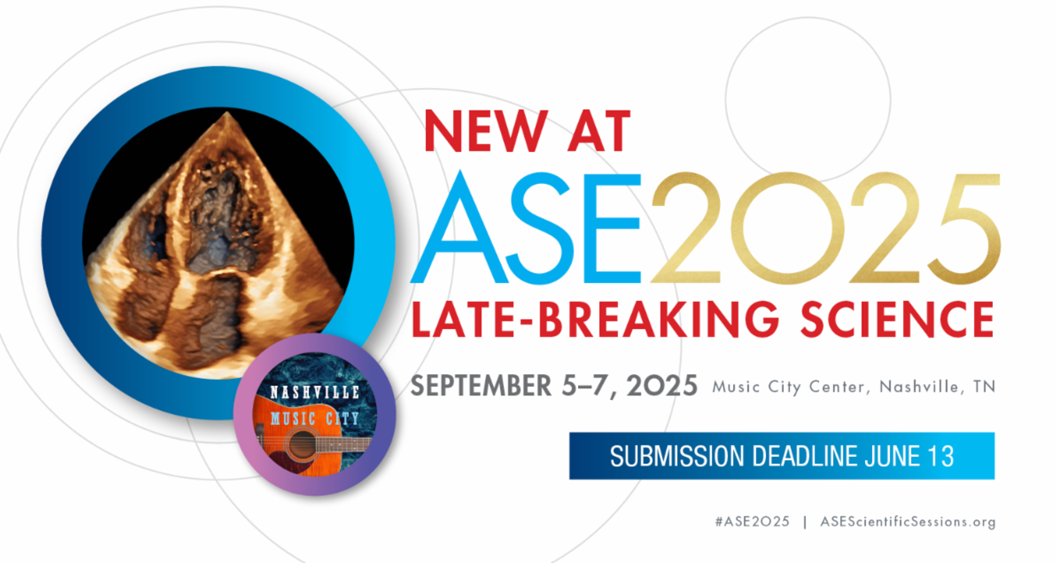 NOW OPEN: #ASE2025 Late-Breaking Science Abstract Submissions

The new Late-Breaking Science session at ASE 2025 will spotlight practice-changing research from large-scale studies &amp; clinical trials in #CVultrasound
🗓️Deadline: June 13 (5 PM ET)
🔗Submit: bit.ly/47aL4oF