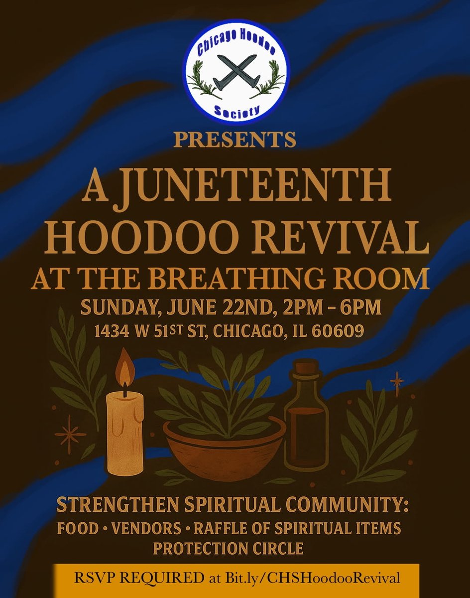 This Juneteenth we’re doing more than celebrating.
We’re gathering in protection, joy, and ancestral power.

A Juneteenth Hoodoo Revival
Sun, June 22
2–6 PM | The Breathing Room (Chicago)
Vendors. Raffle. Food. Protection Circle.

Please re-tweet to share your support!