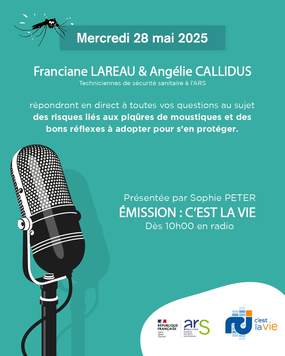 🎙️ Demain 10h sur RCI Guadeloupe, ne manquez pas "C’est la vie, les experts" avec Franciane LAREAU &amp; Angélie CALLIDUS (ARS).
👉 Dengue, piqûres de moustiques : infos &amp; conseils santé.
🦟 Fò tout moun sanblé pou baré viris-la !
#SantéPublique #Guadeloupe
