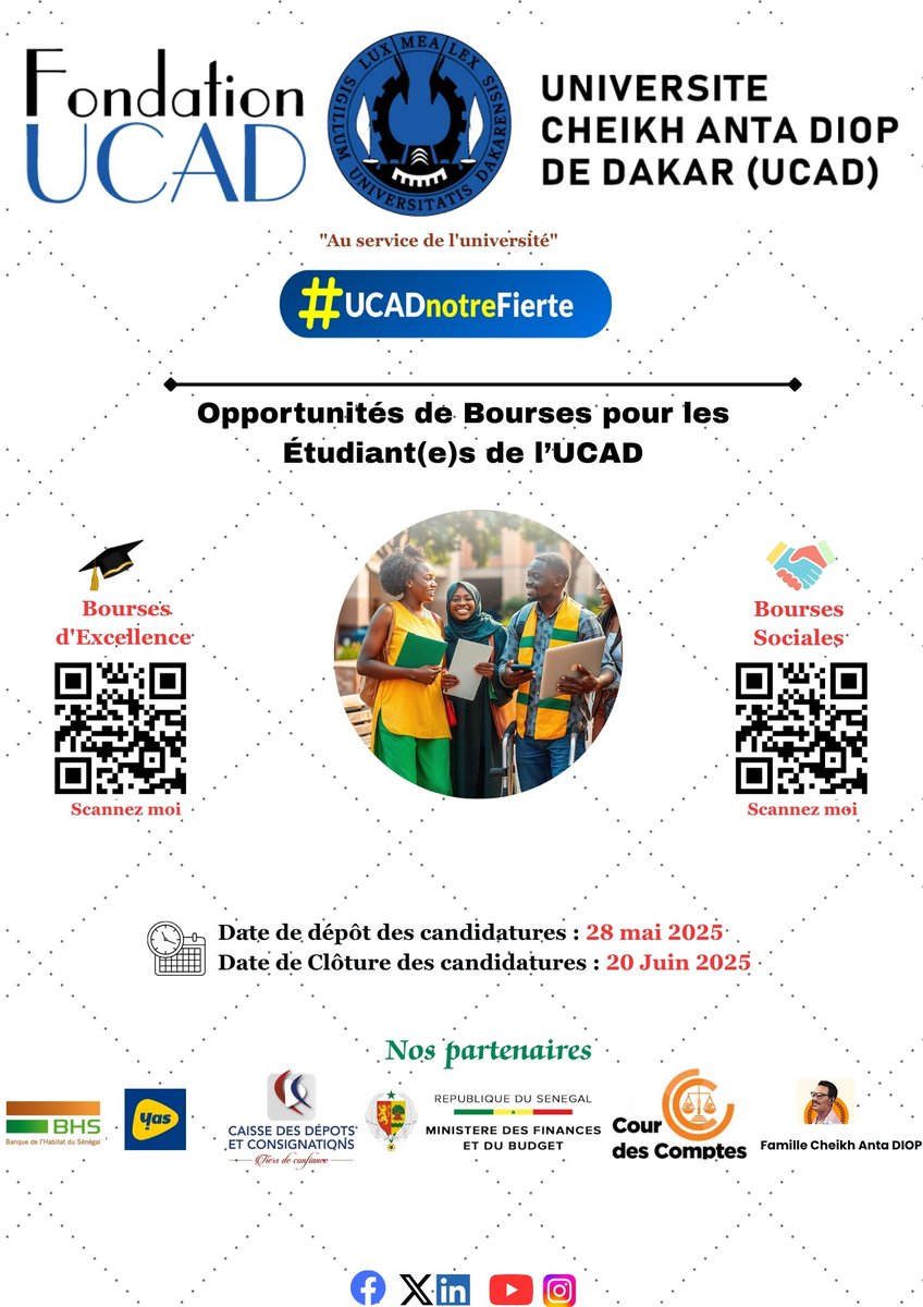 FondationUCAD's tweet photo. 🎓 C’est parti !
Fondation UCAD a lancé son programme de bourses d’excellence & sociales pr étudiants de l’UCAD.
📥Conditions & candidatures : DIGITAL | SERVICES (https://t.co/B6p7VnRh51) cliquez sur le lien Bourses Fondation UCAD
📢 Partagez l'info ! @UCAD_Senegal #Bourses2025 https://t.co/x0q0wjvZZS