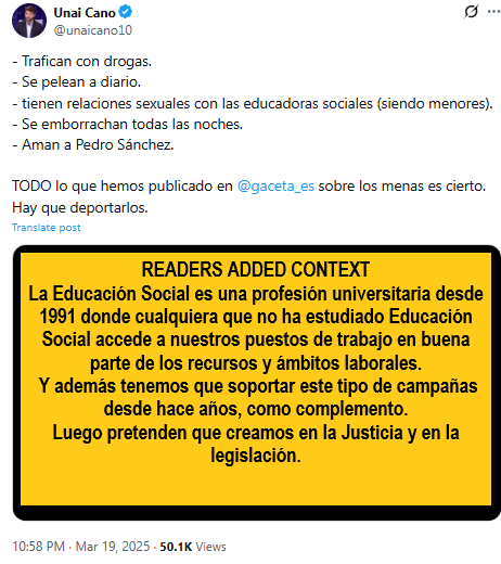 <a href="/fape_fape/">FAPE</a> <a href="/FeSPeriodistas/">FeSP</a> <a href="/aprensamadrid/">APM</a> <a href="/investigate_es/">Investigate Europe en español</a> <a href="/fiscal_es/">Fiscalía General</a> <a href="/DefensorPuebloE/">Defensor del Pueblo</a> <a href="/AquienDefiende/">DqD</a> <a href="/centre_IRIDIA/">IRÍDIA</a> <a href="/sira_centro/">Centro Sira</a> <a href="/amnistiaespana/">Amnistía Internacional España</a> <a href="/apdhe/">APDHE</a> <a href="/Nosomosdelito/">NoSomosDelito</a> <a href="/pbustinduy/">Pablo Bustinduy</a> <a href="/sirarego/">Sira Rego 🔻</a> <a href="/suker778/">Carlos ⚖️🐱</a> <a href="/SaizElma/">Elma Saiz</a> <a href="/SinRacismoGob/">D.G. Igualdad de Trato y contra el racismo</a> <a href="/Yolanda_Diaz_/">Yolanda Díaz</a> <a href="/_anaredondo_/">Ana Redondo</a> <a href="/sanchezcastejon/">Pedro Sánchez</a> <a href="/rosa_mr_/">Rosa Martínez</a> <a href="/RafaEscudero1/">Rafa Escudero</a> <a href="/rubenperezEU/">Rubén Pérez Correa🔻</a> <a href="/desdelamoncloa/">La Moncloa</a> <a href="/ObservaDESCA/">Observatori DESCA</a> <a href="/ObetiEtica/">Observatorio Etico 🙆🏽‍♂️🏳️‍🌈🔻💜 🌎</a> <a href="/RegularizacionY/">✳️ RegularizacionYa Cuenta Oficial</a> <a href="/AlternativasNo2/">AlternativasNoviolentas</a> <a href="/noviolentas/">Noviolentas Acción</a> <a href="/UCFRcat/">UCFR #StopIslamofòbia #StopVOX</a> <a href="/Miquel_R/">Miquel Ramos 🥘</a> <a href="/Capitan_Swing/">Capitán Swing</a> <a href="/_Maria_Dantas_/">✳️ Maria Dantas (@mariadantas.bsky.social)</a> <a href="/Tyrexito/">Mauro Entrialgo</a> <a href="/WCorrupcion/">Alertadores contra la Corrupcion. Whistleblower</a> <a href="/Corruptil/">Corruptil</a> <a href="/StopCorrupcio/">Observatori Ciutadà Contra la Corrupció (O3C)</a> <a href="/ConsejoTBG/">Consejo de Transparencia AAI</a> <a href="/REDFEMP_TyP/">Red Transparencia y Participación - RED FEMP</a> <a href="/TISpain/">Transparencia Int.ES</a> <a href="/transparencia_e/">Portal de la Transparencia - España</a> <a href="/RETransparencia/">Revista Española de la Transparencia #RET</a> <a href="/TransparenteGob/">Gobierno Transparente</a> <a href="/COTransparencia/">Congreso Internacional de Transparencia #CIT2025</a> <a href="/DelGobVG/">Delegación del Gob. contra la Violencia de Género</a> <a href="/JuventudInfGob/">Ministerio de Juventud e Infancia</a> <a href="/MSocialGob/">Ministerio de Derechos Sociales, Consumo y A2030</a> Le recordamos al periodista Unai Cano que, además de hacernos campañas de odio a través de rrss, también puede leer la legislación en materia de infancia y denunciar en virtud de esa legislación, si es que él es conocedor de esas relaciones. <a href="/fiscal_es/">Fiscalía General</a> <a href="/UPFiscales/">UPFiscales</a> <a href="/AFiscales/">asociación  fiscales</a>