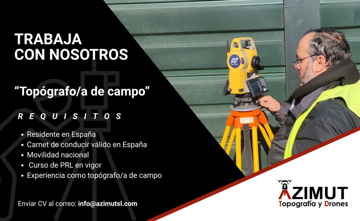 Busca incorporar un/a topógrafo/a de campo con experiencia y motivación para unirse a un equipo técnico en constante crecimiento. Esta es tu oportunidad.

Envía tu CV a: info@azimutsl.com
