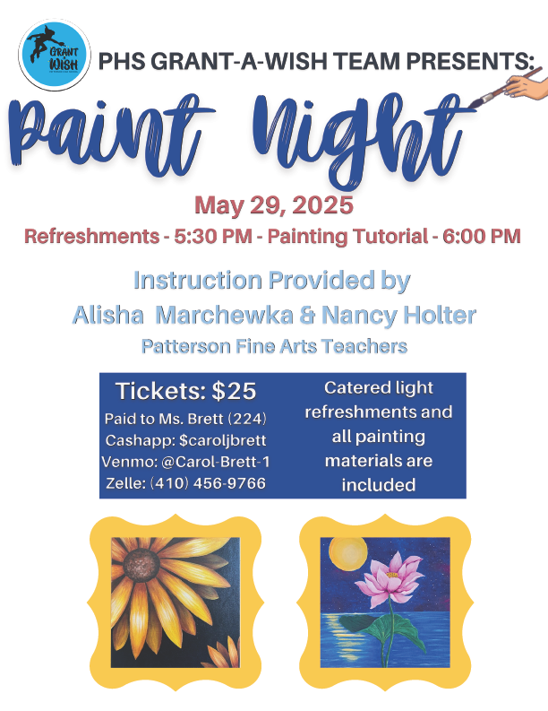 So much GOOD NEWS teachers, enjoy the Terrific Tuesday Treats :)  Paint Night is this Thursday at 5:30.  Grant-A-Wish FUNdraiser tickets are $25 and all supplies and refreshments are included. Ms. Marchewka is our instructor, and ya'll already know how good she is!