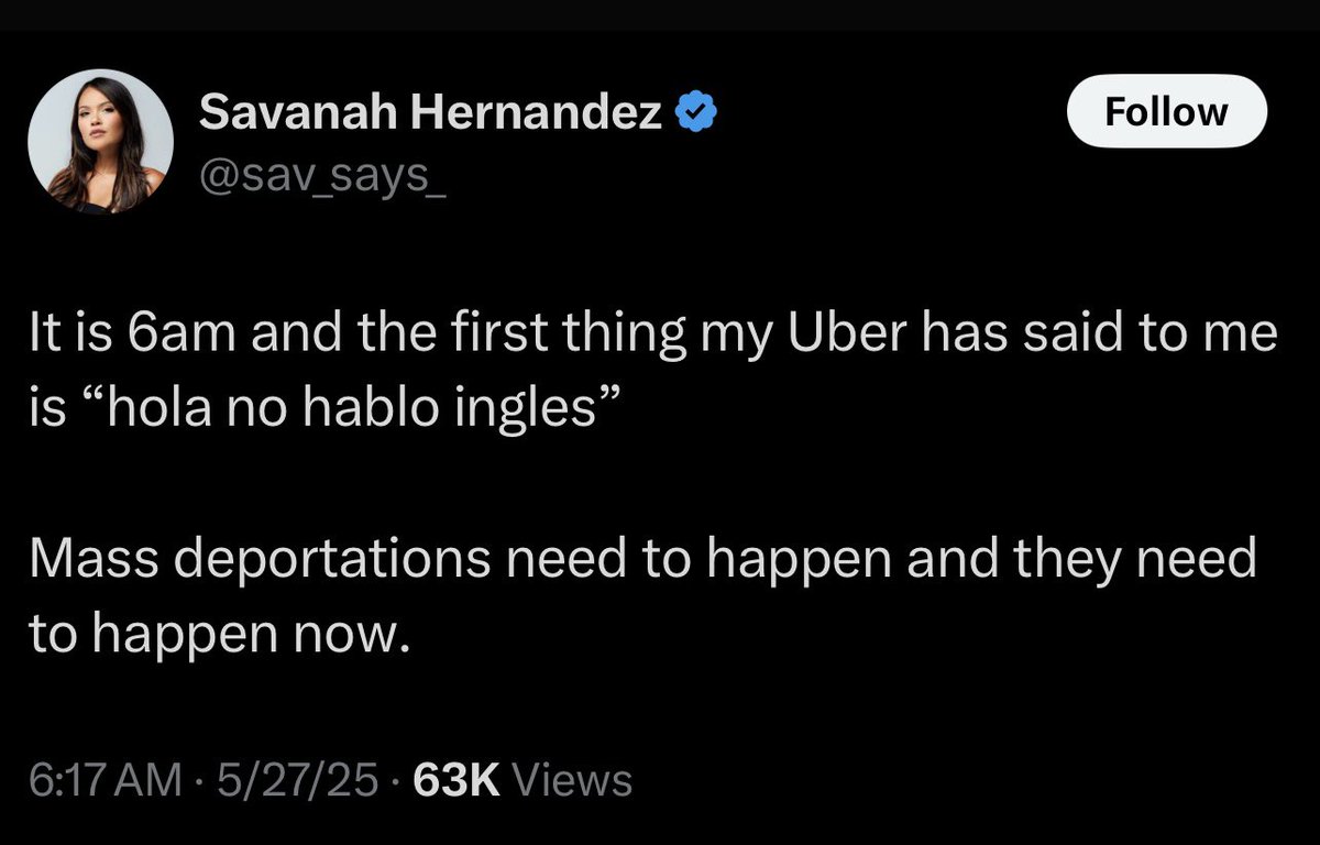 The irony of a woman named Hernandez crying about Spanish while riding in an immigrant's car, using Uber, which was co-founded by an immigrant, on a phone that was developed mostly by immigrant software engineers to tweet on an app that was purchased by an immigrant.