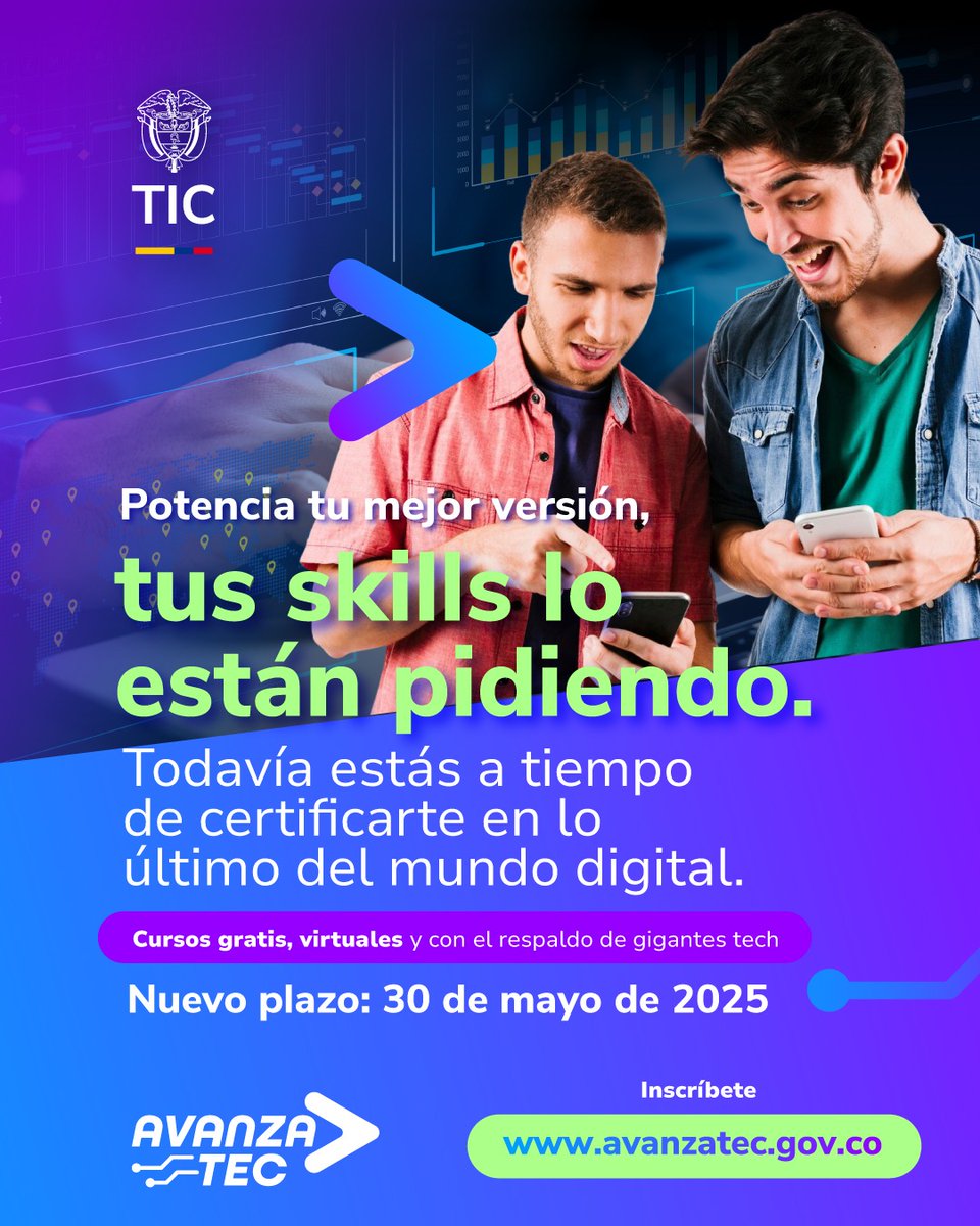JulianRMolinaG's tweet photo. #NoticiasTIC  Desde el @Ministerio_TIC estamos comprometidos con la formación digital de los colombianos y su búsqueda de mejores oportunidades laborales. Es por eso que los invitamos a que se inscriban al programa #AvanzaTEC que es certificado por grandes empresas tecnológicas de talla mundial. Y sí... ¡el plazo se amplió!

Tienen hasta el 30 de mayo de 2025. Pueden inscribirse ahora en: https://t.co/5CdnFYb1Bc