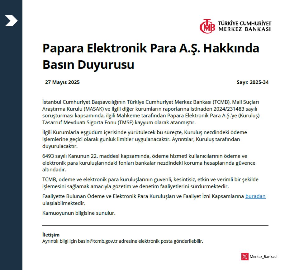 Papara Elektronik Para A.Ş. Hakkında Basın Duyurusu: tcmb.tl/Cvf2a20