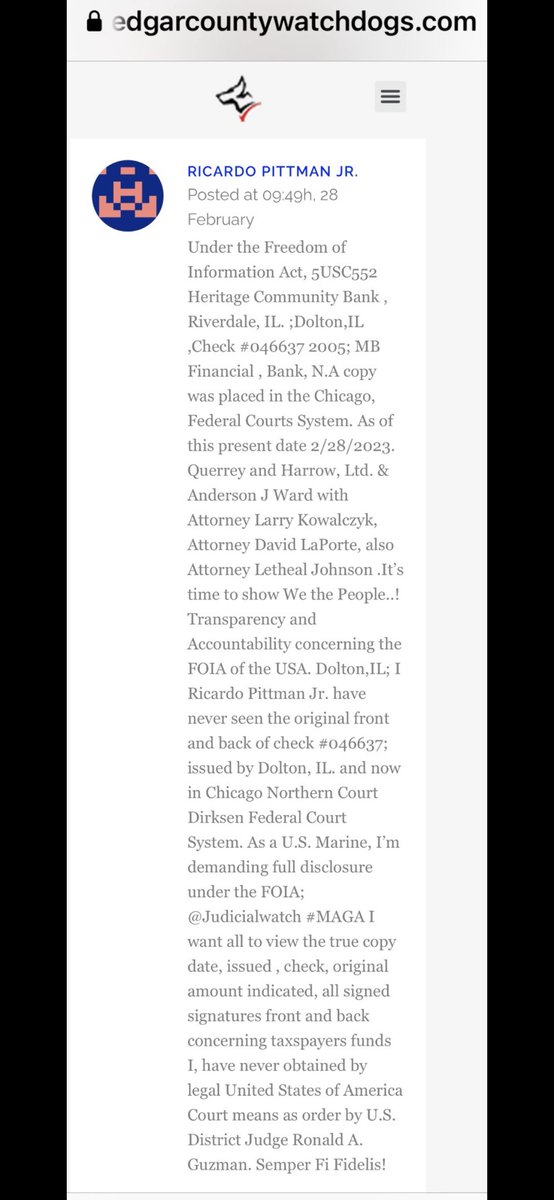 Rick Pittman Jr. (@jr1pittman) on Twitter photo 🇺🇸We the People..! Everyone has a Story! NOTE: Right is RIGHT ! And Wrong is just WRONG. <a href="/EvergreenPatch/">Evergreen Park Patch</a> <a href="/ECWDogs/">EdgarCountyWatchdogs</a> #MAGA <a href="/VODolton/">Village of Dolton</a> Transparency & Accountability, 5 USC552-FOIA; Release original check #046637,front & back legit copy <a href="/AGPamBondi/">Attorney General Pamela Bondi</a> <a href="/FBIDirectorKash/">FBI Director Kash Patel</a> Semper fi Fidelis 🇺🇸We the People..! Everyone has a Story! NOTE: Right is RIGHT ! And Wrong is just WRONG. <a href="/EvergreenPatch/">Evergreen Park Patch</a> <a href="/ECWDogs/">EdgarCountyWatchdogs</a> #MAGA <a href="/VODolton/">Village of Dolton</a> Transparency & Accountability, 5 USC552-FOIA; Release original check #046637,front & back legit copy <a href="/AGPamBondi/">Attorney General Pamela Bondi</a> <a href="/FBIDirectorKash/">FBI Director Kash Patel</a> Semper fi Fidelis
