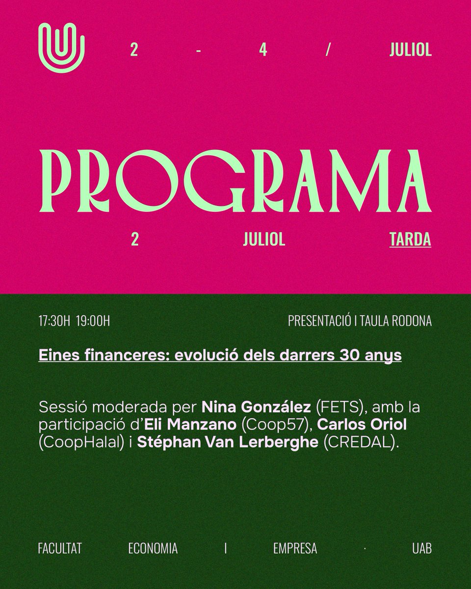<a href="/econ_socialcat/">Economia social</a> <a href="/coopstreball/">Federació de Cooperatives de Treball de Catalunya</a> <a href="/EscolesCoop/">EscolesCoop</a> <a href="/ICABarcelona/">ICAB · Advocacia Barcelona</a> <a href="/coopagrariesCAT/">Federació de Cooperatives Agràries de Catalunya</a> <a href="/rocagales/">rocagales</a> <a href="/ciutatinvisible/">LA CIUTAT INVISIBLE</a> <a href="/CoopsConsum/">Federació Coopsconsum</a> <a href="/Habicoop_FCHC/">Habicoop (FCHC)</a> <a href="/AteneusCoopCat/">Xarxa d'Ateneus Cooperatius (XAC) de Catalunya</a> <a href="/TechBloc4/">TechBloc4</a> <a href="/TandemSocial/">Tandem Social</a> <a href="/SeiraCoop/">Seira Impuls Cooperatiu</a> <a href="/hobest/">Hobest</a> <a href="/cooparbequina/">Cooperativa Arbequina</a> <a href="/SomMobilitat/">Som Mobilitat</a> <a href="/malapecacoop/">Mala Peça 🔥</a> <a href="/creixencoop/">Creixen Educació</a> <a href="/AteneuBNord/">AteneuBNord</a> <a href="/La_Directa/">Directa</a> <a href="/VidalAragones/">Vidal Aragonés</a> <a href="/CollectiuRonda/">Col·lectiu Ronda</a> <a href="/SantsCoop/">Impuls Cooperatiu de Sants</a> 📢 [SESSIÓ SIMULTÀNIA]
🕛 17:30 h - 19:00 h

👉 Eines financeres: evolució dels darrers 30 anys

👥 Sessió moderada per Nina González (<a href="/banca_etica/">FETS Finançament Ètic i Solidari</a>), amb la participació d’Eli Manzano (<a href="/coop_57/">Coop57</a>), Carlos Oriol (<a href="/CoophalalE/">CoopHalal</a>) i Stéphan Van Lerberghe (CREDAL). 

🎟️ Aconsegueix la