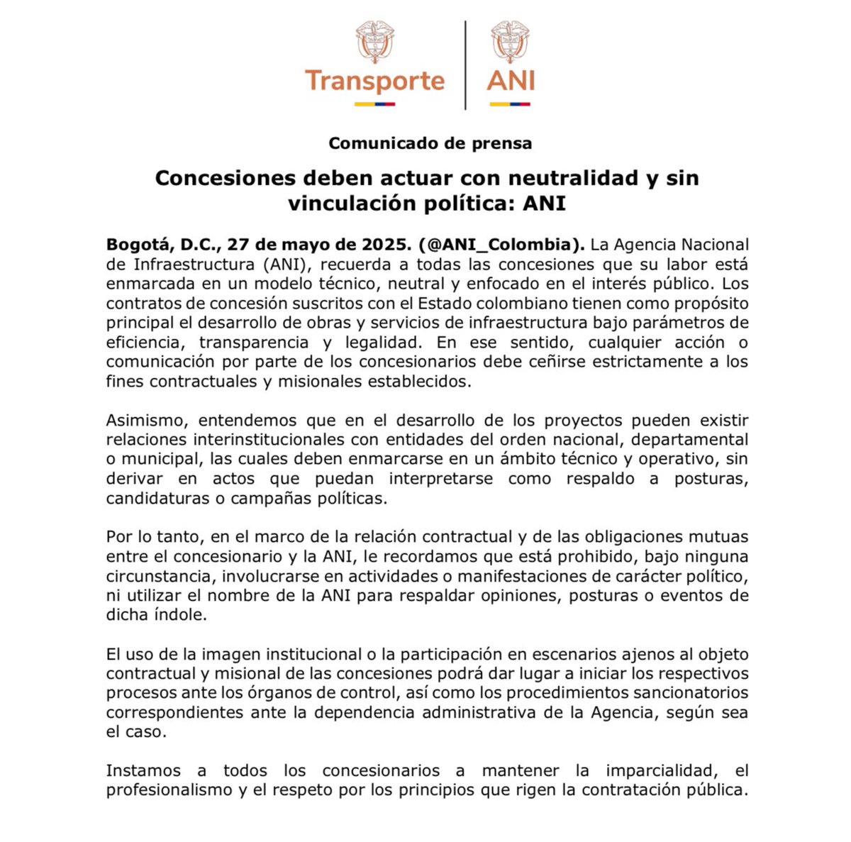 #Atención🚨Comunicado a la opinión pública: Concesiones deben actuar con neutralidad y sin vinculación política: ANI⬇️