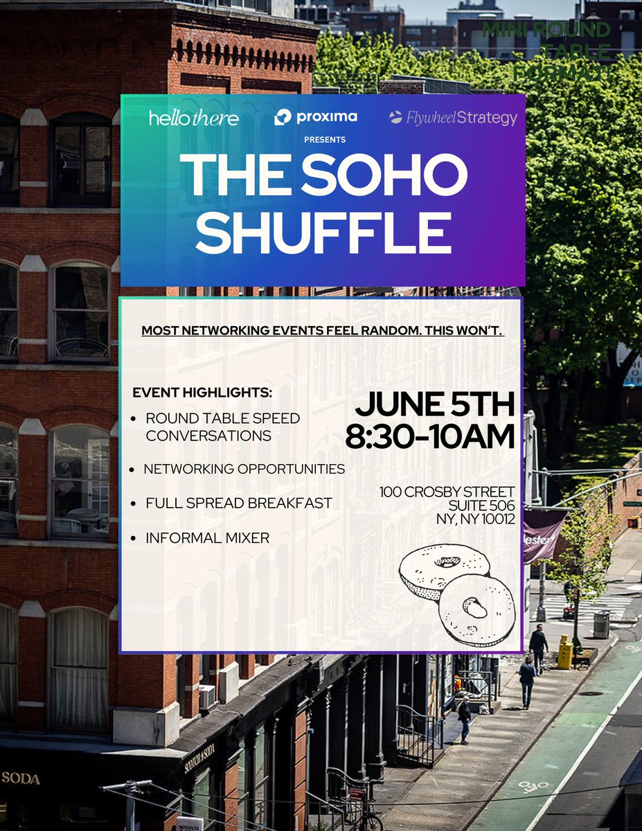 Most networking events feel random. This one won’t. Come join us on Thursday, June 5th, for the Soho Shuffle! 🥐

Come stop by Proxima HQ at 8:30AM for a morning pick-me-up! We partnered with Hello There Collective and <a href="/FlywheelStratCo/">Flywheel Strategy</a> to bring some of the brightest minds in