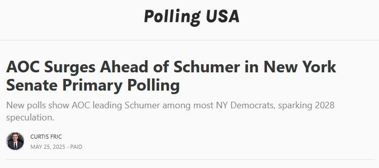 AOC's Lead Over Chuck Schumer Among:

🟠 All: +20%

🟠 Women: +23%
🟠 Men: +15%

🟠 Under 45: +51%
🟠 Over 45: +10%

-> usapolling.substack.com/p/aoc-surges-a…