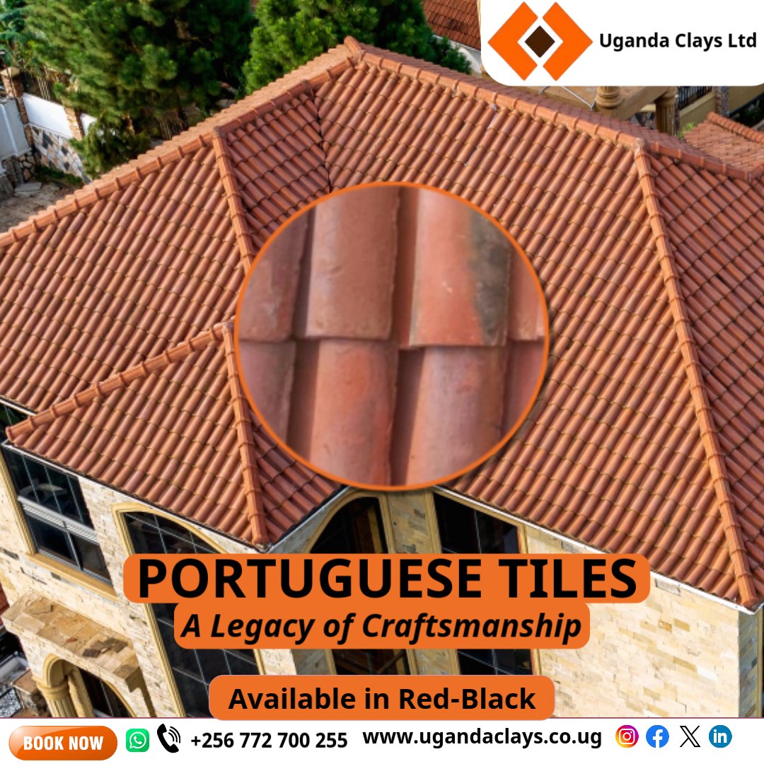 Crafted with precision and inspired by Mediterranean tradition, Portuguese tiles combine bold aesthetics with durability. The red-black colour adds a modern, premium feel to any rooftop — perfect for those who want to stand out with sophistication, for just UGX 3000/= per tile.