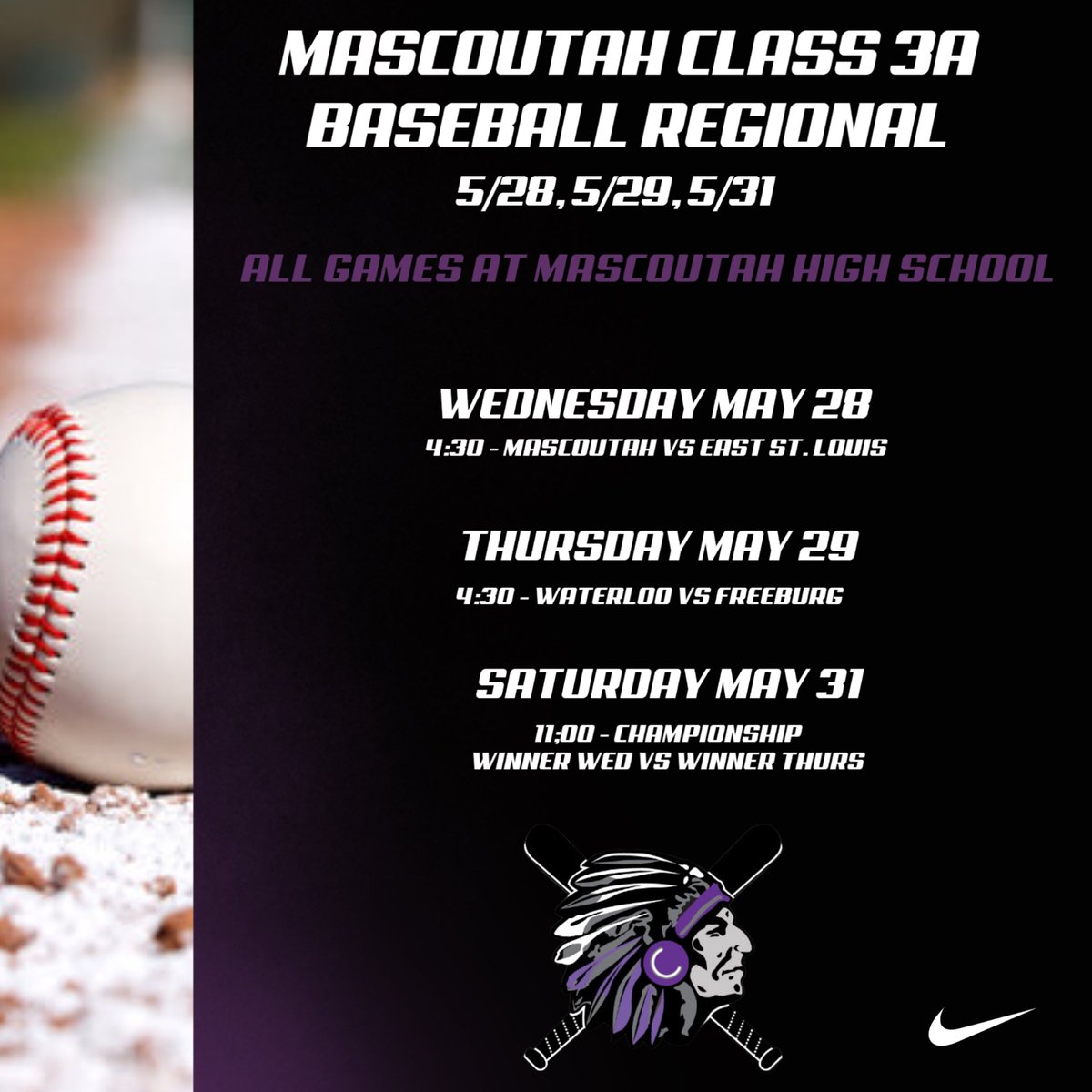 Mascoutah hosts both the Baseball and Softball 3A Regionals this week. Admission is $7 at the gate and $6 on GoFan.co 

Come out and support those programs this week!