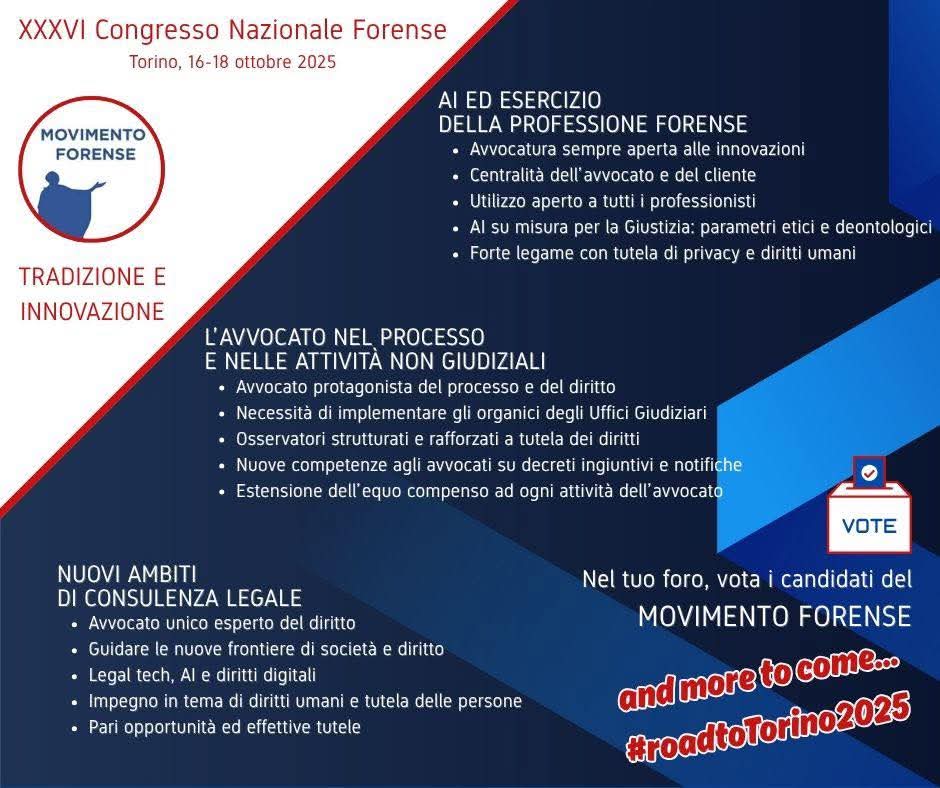 🔵 #movimentoforense
🏛️ #congressonazionaleforense
🛣️ #roadtotorino2025

‼️ Poiché "la politica forense, o la fai o la subisci", alle elezioni per i delegati congressuali del tuo foro vota i candidati del Movimento Forense.